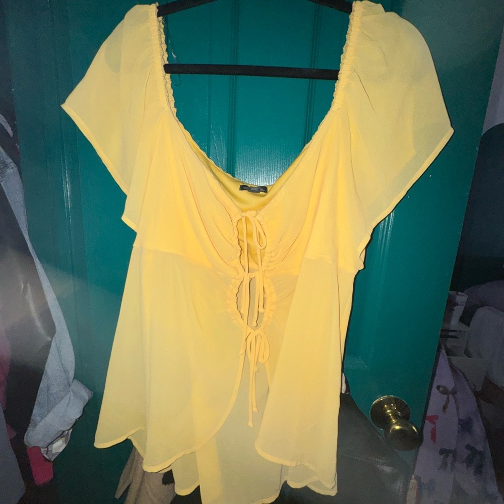 Wild Fable Yellow Flutter Sleeve Blouse with Tie Front